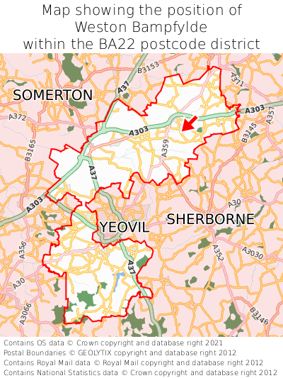 Map showing location of Weston Bampfylde within BA22