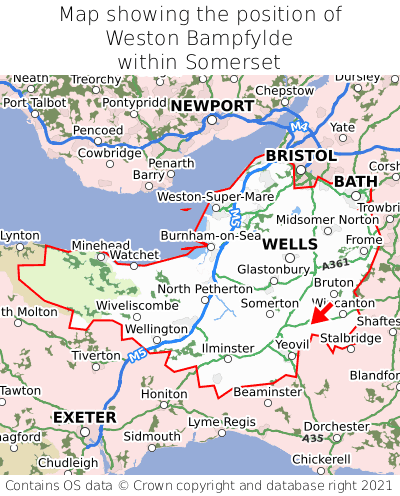 Map showing location of Weston Bampfylde within Somerset