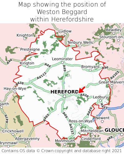 Map showing location of Weston Beggard within Herefordshire