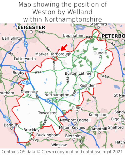 Map showing location of Weston by Welland within Northamptonshire