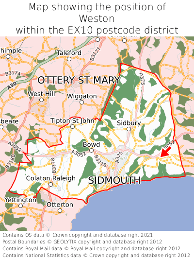 Map showing location of Weston within EX10