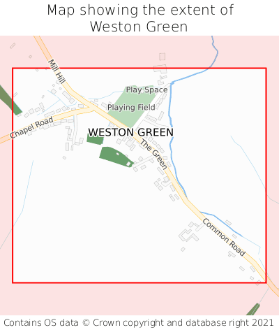 Map showing extent of Weston Green as bounding box