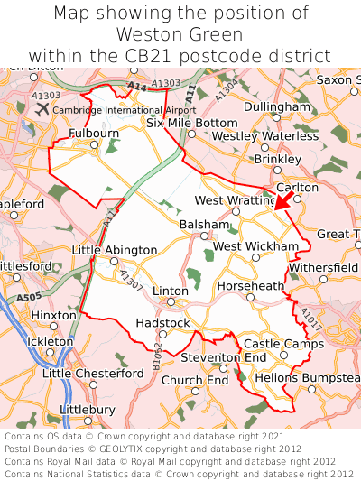 Map showing location of Weston Green within CB21