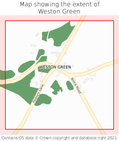 Map showing extent of Weston Green as bounding box
