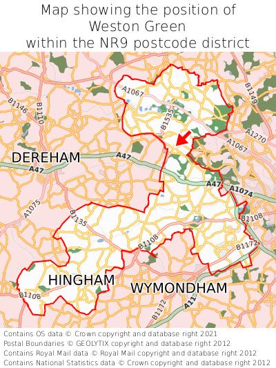 Map showing location of Weston Green within NR9