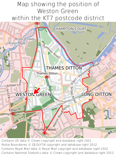 Map showing location of Weston Green within KT7
