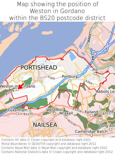 Map showing location of Weston in Gordano within BS20