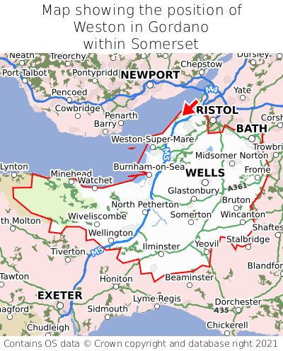 Map showing location of Weston in Gordano within Somerset