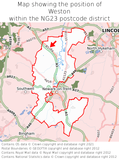 Map showing location of Weston within NG23