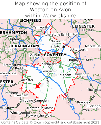 Map showing location of Weston-on-Avon within Warwickshire
