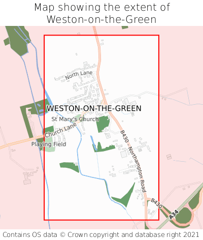 Map showing extent of Weston-on-the-Green as bounding box