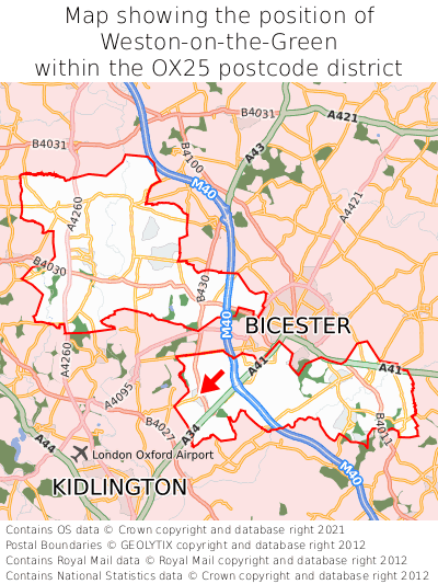 Map showing location of Weston-on-the-Green within OX25