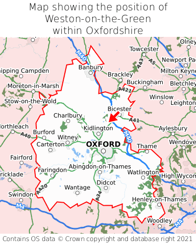 Map showing location of Weston-on-the-Green within Oxfordshire