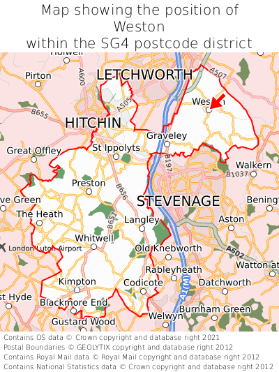 Map showing location of Weston within SG4