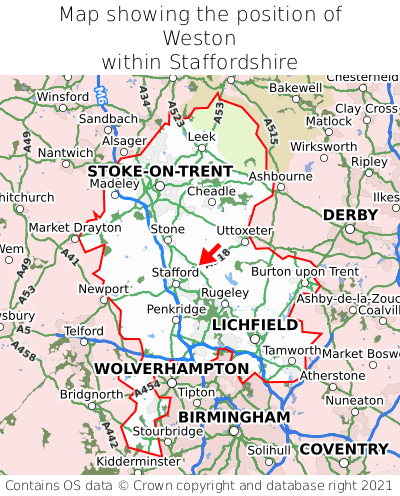 Map showing location of Weston within Staffordshire