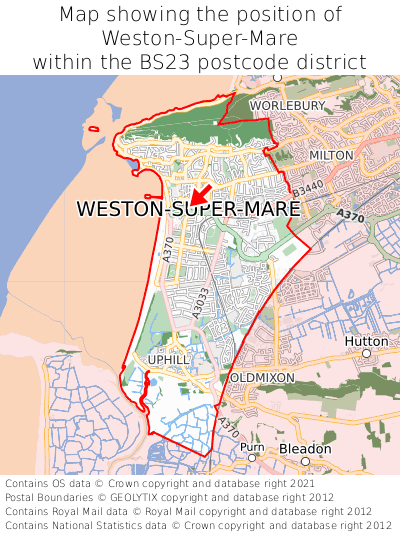 Map showing location of Weston-Super-Mare within BS23