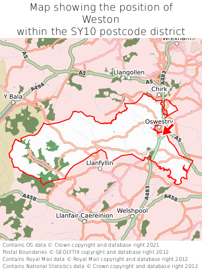 Map showing location of Weston within SY10