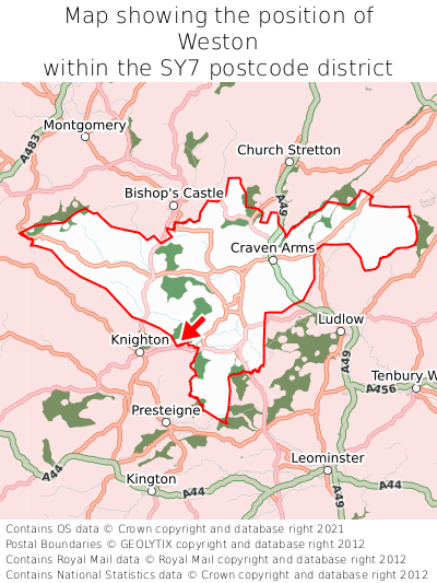 Map showing location of Weston within SY7