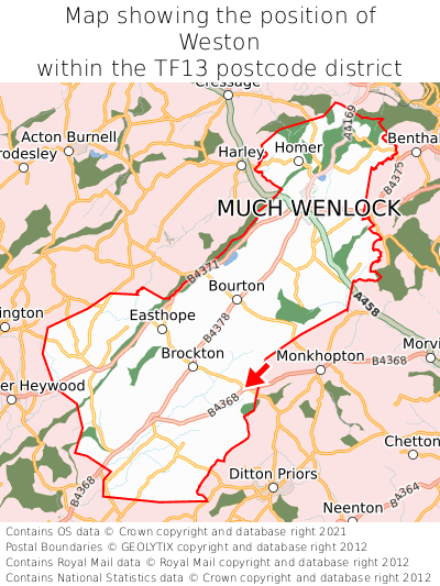 Map showing location of Weston within TF13