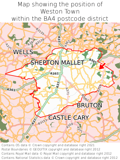 Map showing location of Weston Town within BA4