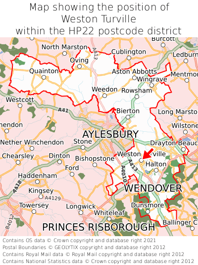 Map showing location of Weston Turville within HP22