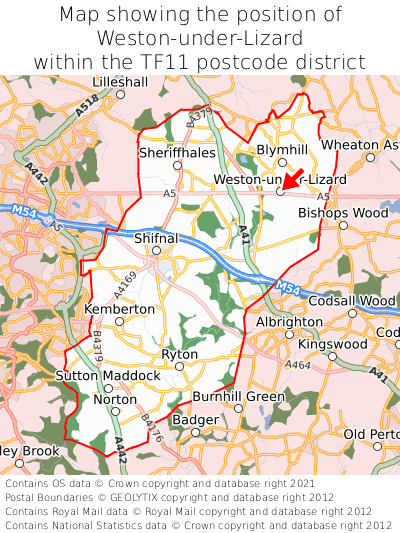Map showing location of Weston-under-Lizard within TF11