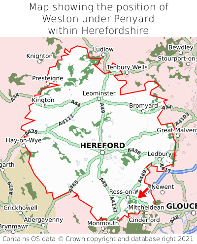 Map showing location of Weston under Penyard within Herefordshire
