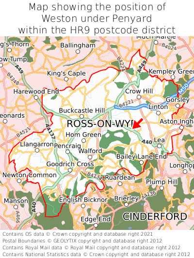 Map showing location of Weston under Penyard within HR9