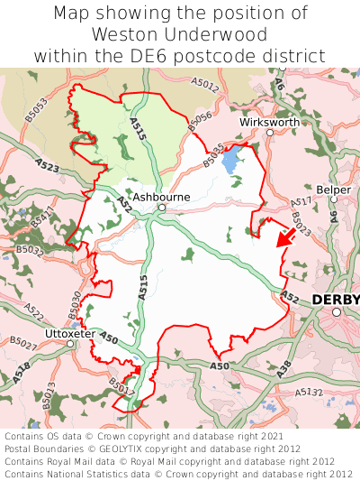 Map showing location of Weston Underwood within DE6
