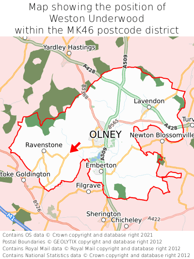 Map showing location of Weston Underwood within MK46