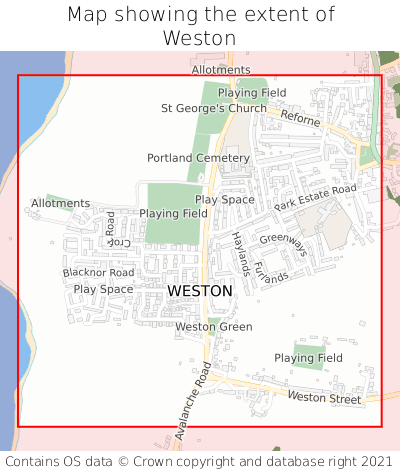 Map showing extent of Weston as bounding box