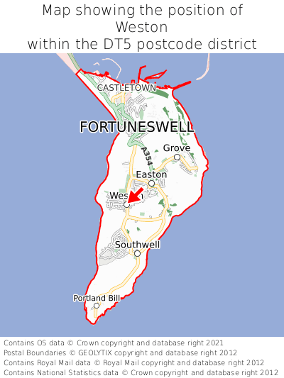 Map showing location of Weston within DT5