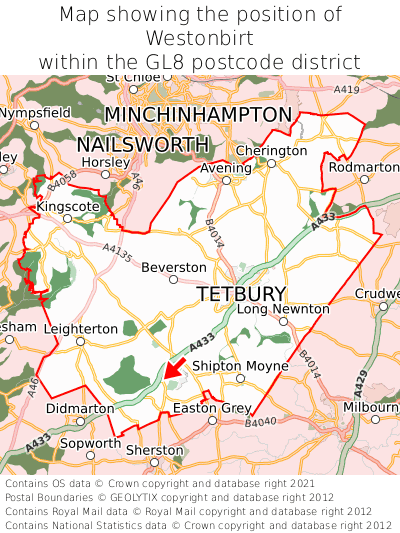 Map showing location of Westonbirt within GL8