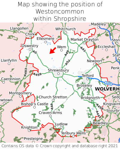 Map showing location of Westoncommon within Shropshire
