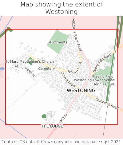 Map showing extent of Westoning as bounding box