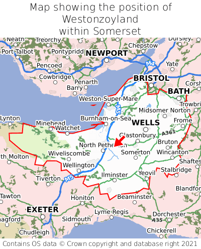 Map showing location of Westonzoyland within Somerset