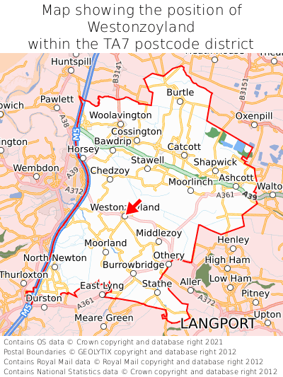 Map showing location of Westonzoyland within TA7