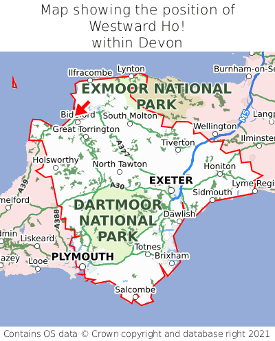 Map showing location of Westward Ho! within Devon