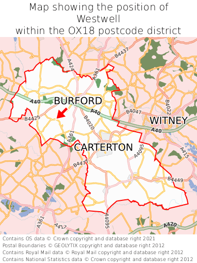 Map showing location of Westwell within OX18