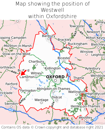Map showing location of Westwell within Oxfordshire