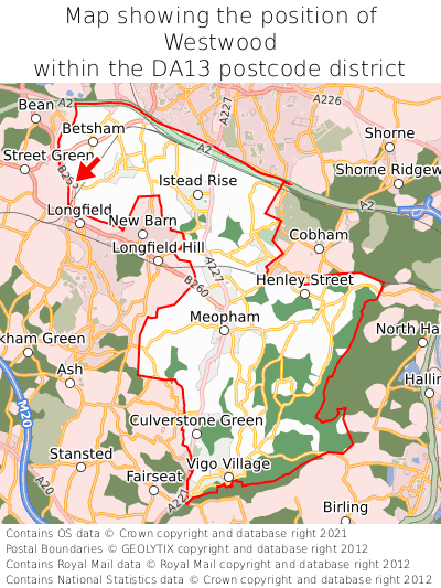 Map showing location of Westwood within DA13