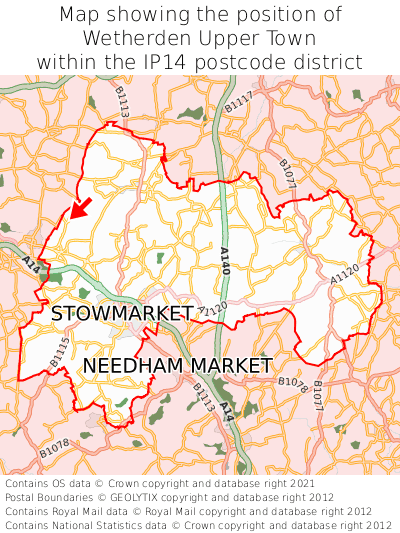 Map showing location of Wetherden Upper Town within IP14