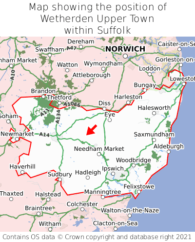 Map showing location of Wetherden Upper Town within Suffolk