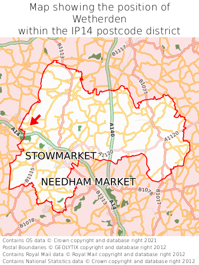 Map showing location of Wetherden within IP14