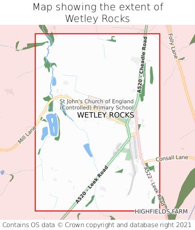 Map showing extent of Wetley Rocks as bounding box