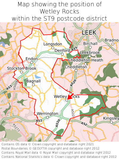 Map showing location of Wetley Rocks within ST9