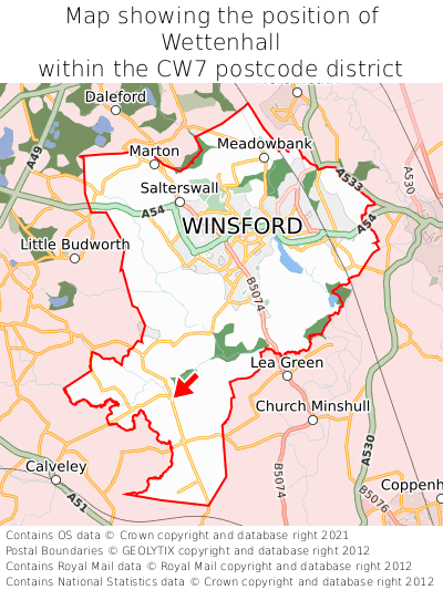 Map showing location of Wettenhall within CW7