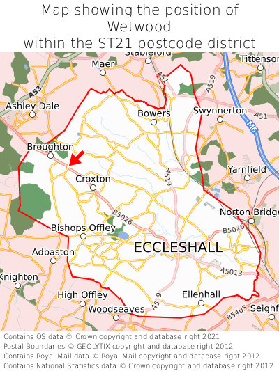 Map showing location of Wetwood within ST21