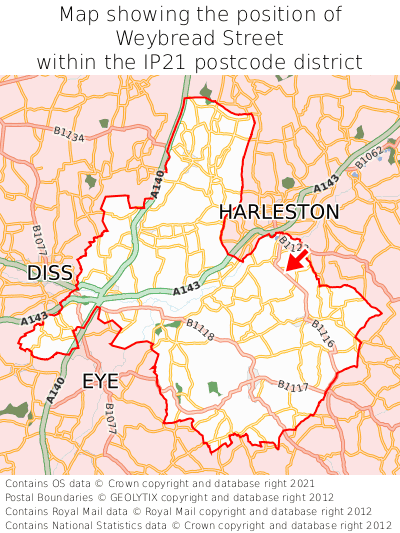 Map showing location of Weybread Street within IP21