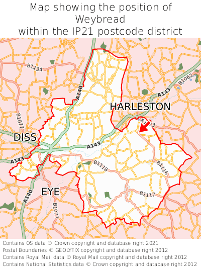 Map showing location of Weybread within IP21